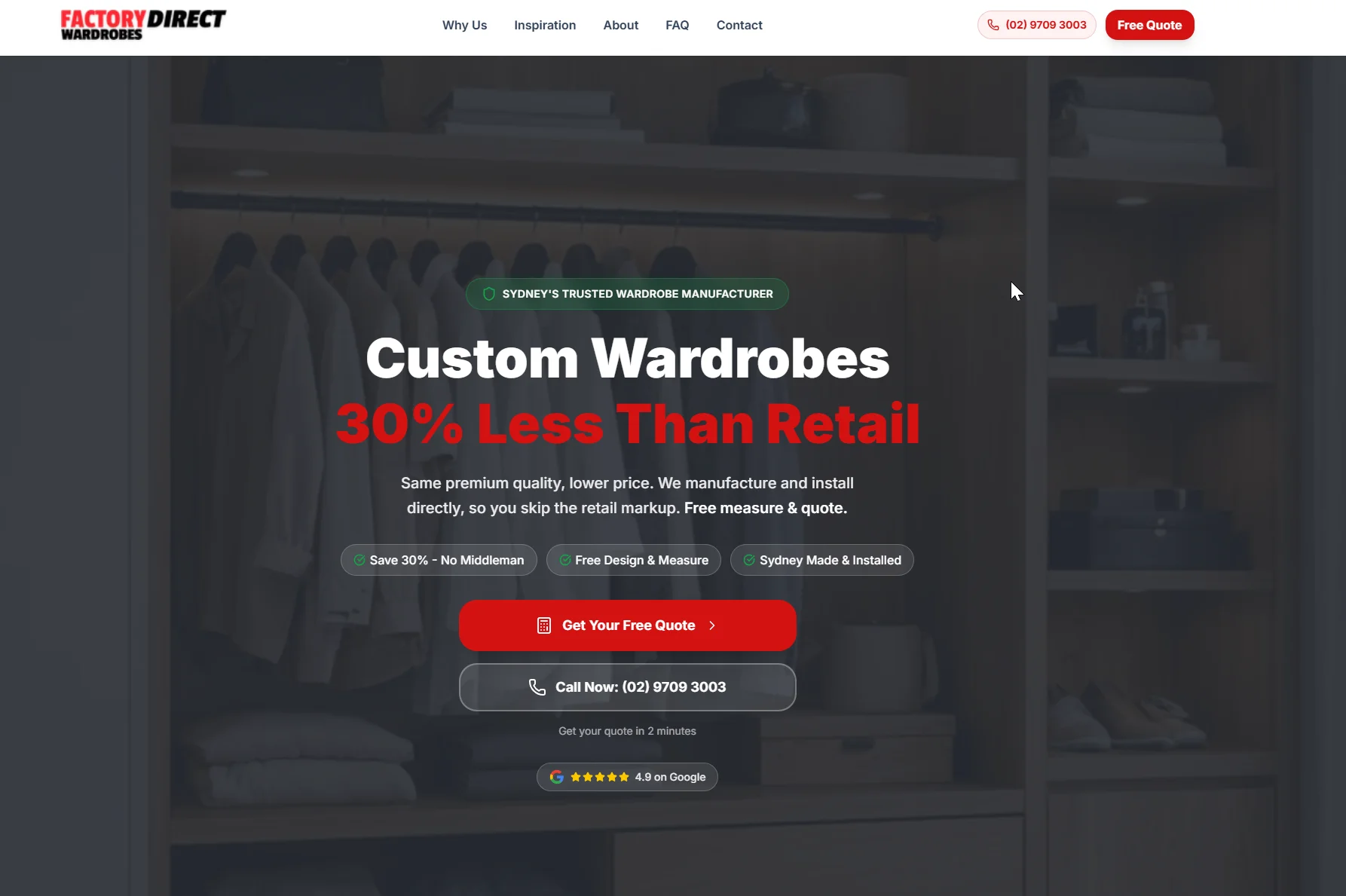 Screenshot of Factory Direct Wardrobes website homepage