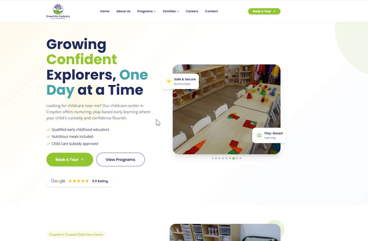Screenshot of Green Hills Childcare website homepage